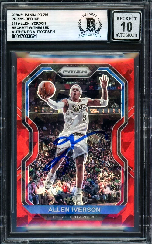 Basketball cards one-of-one-rarity -Allen Iverson Autographed 2020-21 Panini Prizm Prizms Red Ice Card #19 Philadelphia 76ers Auto Grade Gem Mint 10 Beckett BAS Witness #17003621