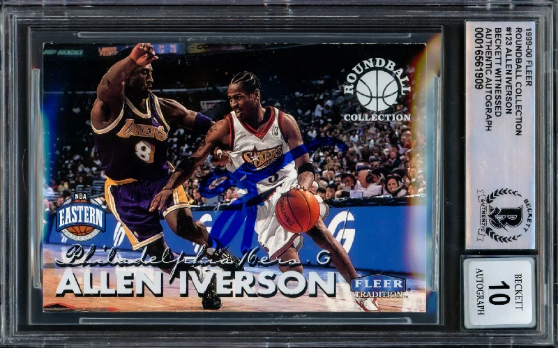 Basketball cards prism-rare -Allen Iverson Autographed 1999-00 Fleer Roundball Collection Card #123 Philadelphia 76ers Auto Grade Gem Mint 10 Beckett BAS Witness #16561909