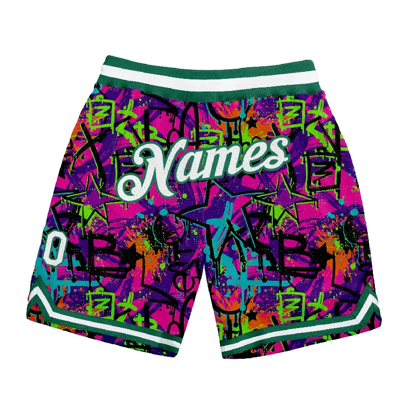 Men's basketball shorts dynamic fit -Custom Graffiti Pattern White-Kelly Green 3D Authentic Basketball Shorts