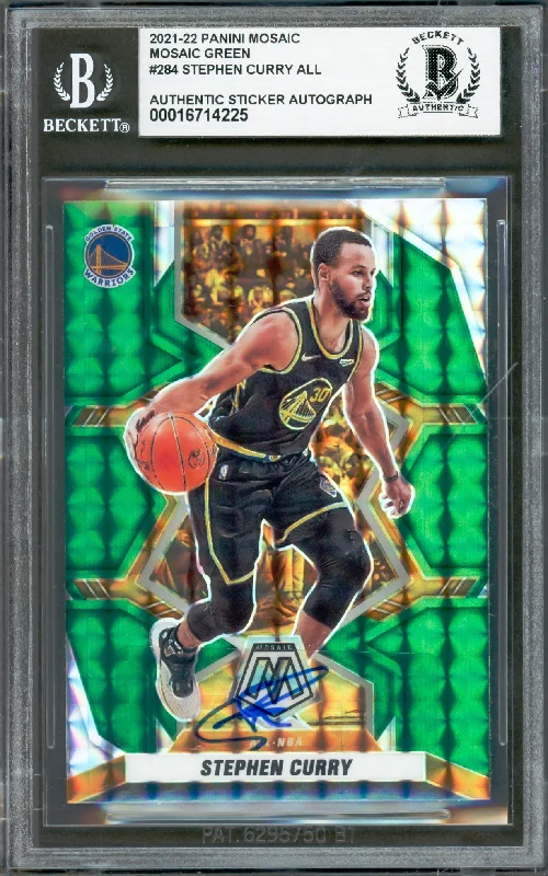 Basketball cards new-team-rarity -Stephen Curry Autographed 2021-22 Panini Mosaic Green Prizm Card #284 Golden State Warriors Beckett BAS #16714225