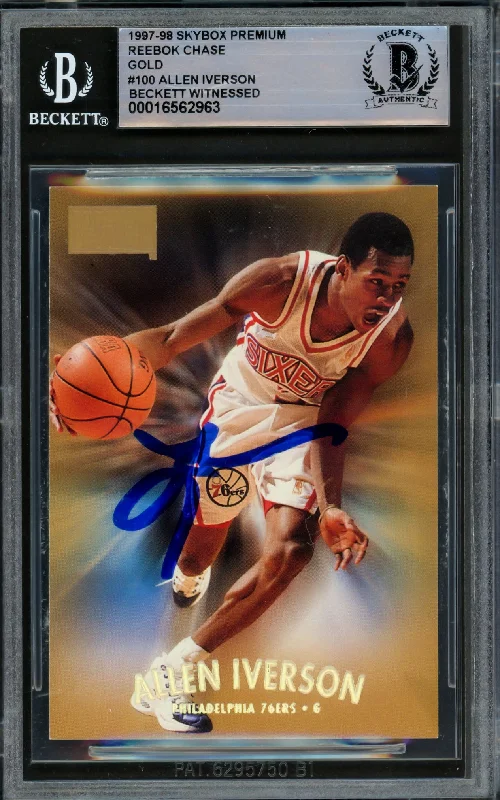 Basketball cards online-rare -Allen Iverson Autographed 1997-98 Skybox Premium Reebok Gold Card #100 Philadelphia 76ers Beckett BAS Witnessed #16562963