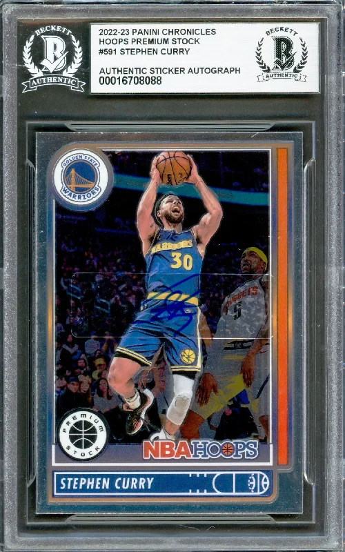 Basketball cards rookie-rarity -Stephen Curry Autographed 2022-23 Hoops Premium Stock Card #591 Golden State Warriors Beckett BAS #16708088