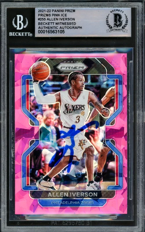 Basketball cards charity-rare -Allen Iverson Autographed 2021-22 Panini Prizm Prizms Pink Ice Card #255 Philadelphia 76ers Beckett BAS Witnessed #16563105