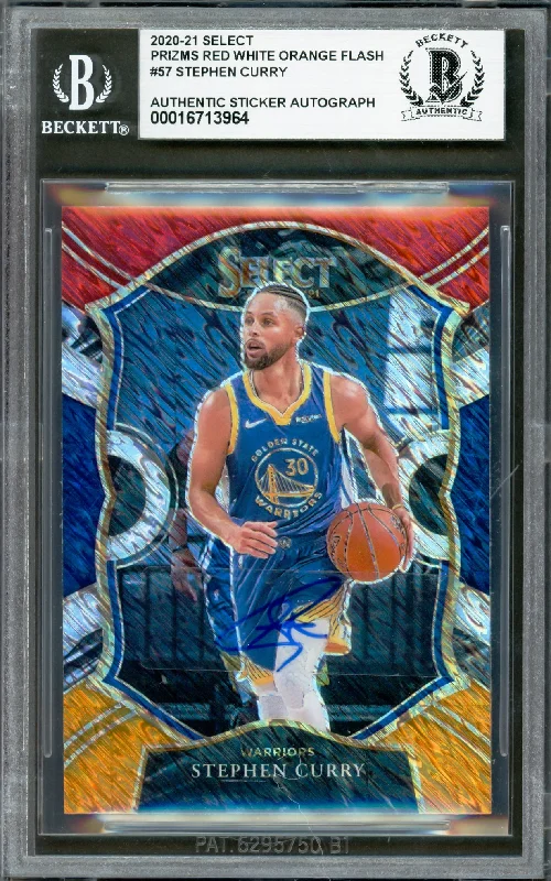 Basketball cards legend-rare -Stephen Curry Autographed 2020-21 Select Prizm Red White Orange Flash Card #57 Golden State Warriors Beckett BAS #16713964