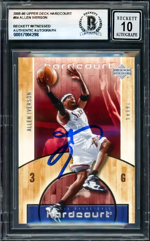 Basketball cards jersey-swatch -Allen Iverson Autographed 2005-06 Upper Deck Hardcourt Card #64 Philadelphia 76ers Auto Grade Gem Mint 10 Beckett BAS Witness #17004298