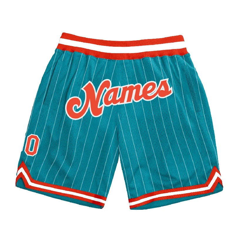 Men's basketball shorts quality collection -Custom Teal White Pinstripe Orange-White Authentic Basketball Shorts