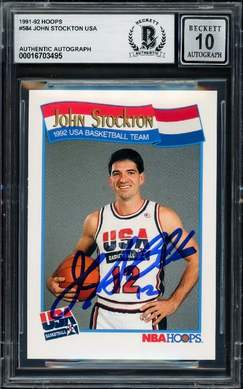 Basketball cards official-rarity -John Stockton Autographed 1991-92 Hoops Card #584 USA Dream Team Auto Grade Gem Mint 10 Beckett BAS #16703495