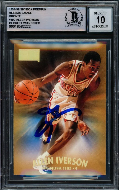 Basketball cards finals-moment -Allen Iverson Autographed 1997-98 Skybox Premium Reebok Bronze Card #100 Philadelphia 76ers Auto Grade Gem Mint 10 Beckett BAS Witnessed #16562222