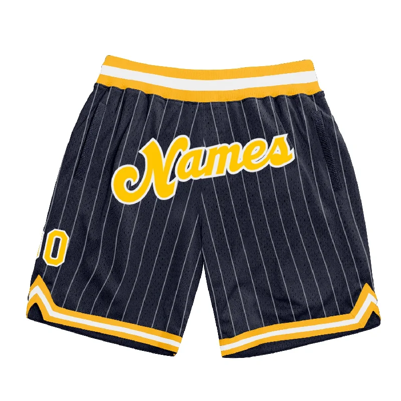 Men's basketball shorts pro collection -Custom Navy White Pinstripe Gold-White Authentic Basketball Shorts