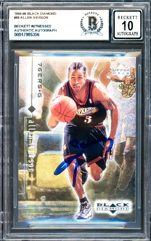 Basketball cards auction-exclusive -Allen Iverson Autographed 1998-99 Black Diamond Card #66 Card Philadelphia 76ers Auto Grade Gem Mint 10 Beckett BAS Witness