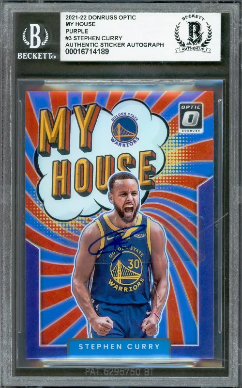 Basketball cards youth-favorite-rare -Stephen Curry Autographed 2021-22 Donruss Optic My House Purple Prizm Card #3 Golden State Warriors Beckett BAS #16714189