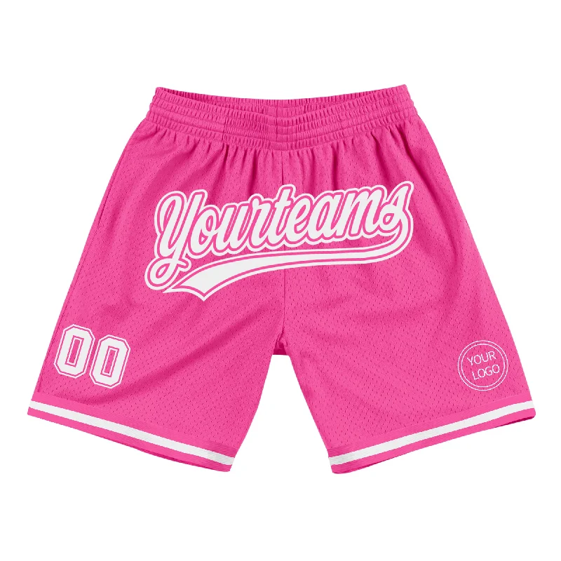 Men's basketball shorts youth sizes -Custom Pink White Authentic Throwback Basketball Shorts