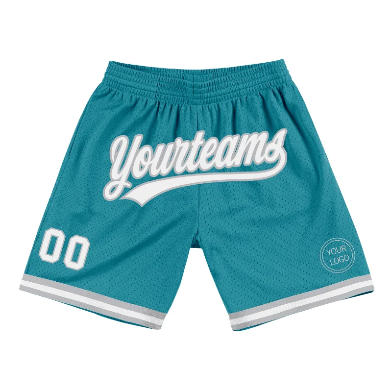 Men's basketball shorts funky prints -Custom Teal White-Gray Authentic Throwback Basketball Shorts