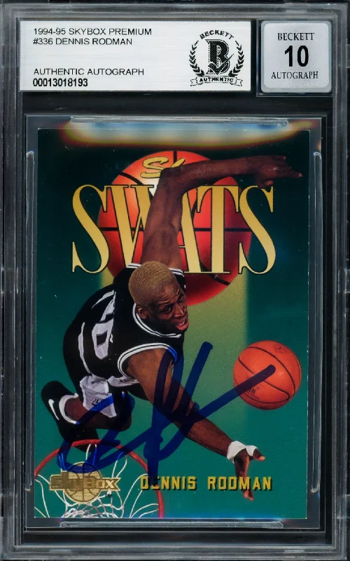 Basketball cards complete-rare -Dennis Rodman Autographed 1995-96 Skybox Swats Card #336 San Antonio Spurs Auto Grade Gem Mint 10 Beckett BAS Stock #220317