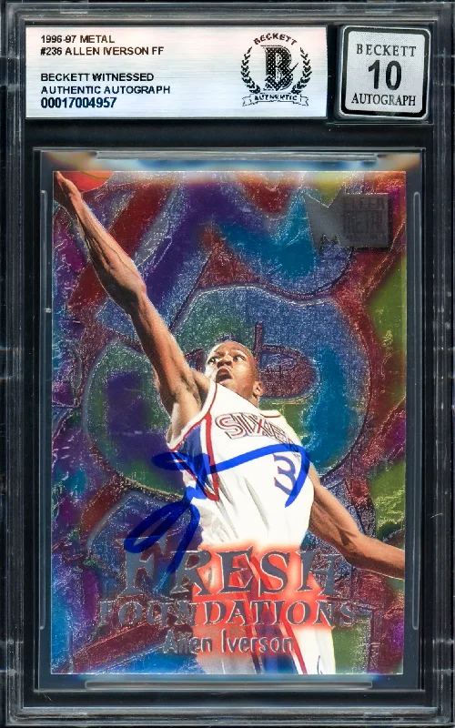 Basketball cards award-final-rare -Allen Iverson Autographed 1996-97 Fleer Metal FF Rookie Card #236 Philadelphia 76ers Auto Grade Gem Mint 10 Beckett BAS Witness #17004957