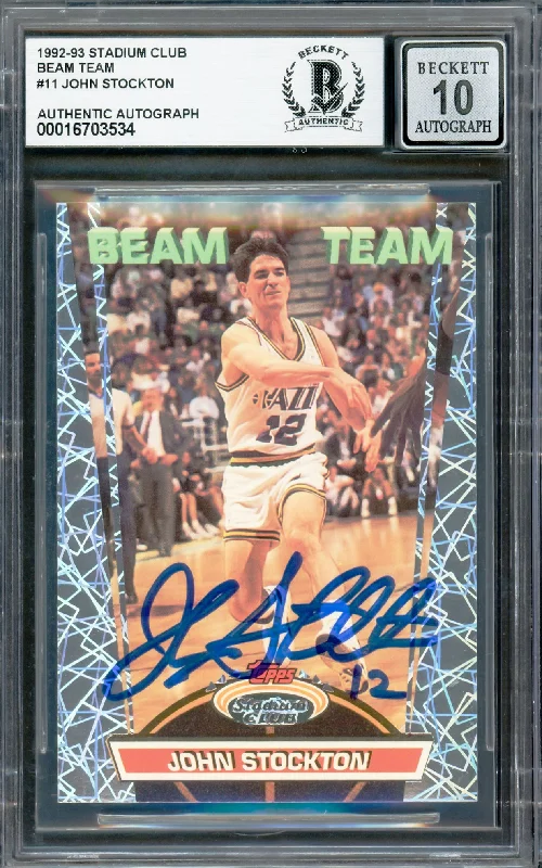 Basketball cards injury-rare -John Stockton Autographed 1992-93 Stadium Club Beam Team Card #11 Utah Jazz Auto Grade Gem Mint 10 Beckett BAS #16703534