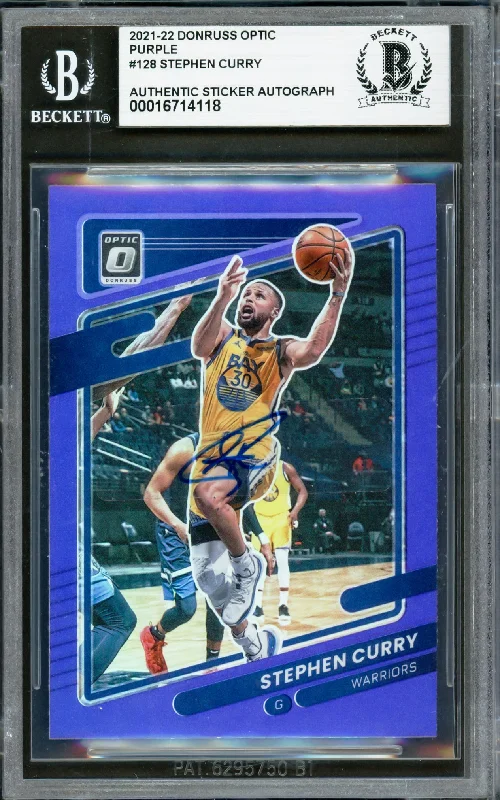 Basketball cards rookie-classic -Stephen Curry Autographed 2021-22 Donruss Optic Purple Prizm Card #128 Golden State Warriors Beckett BAS #16714118