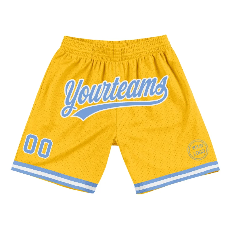 Men's basketball shorts knee-length cut -Custom Gold Light Blue-White Authentic Throwback Basketball Shorts