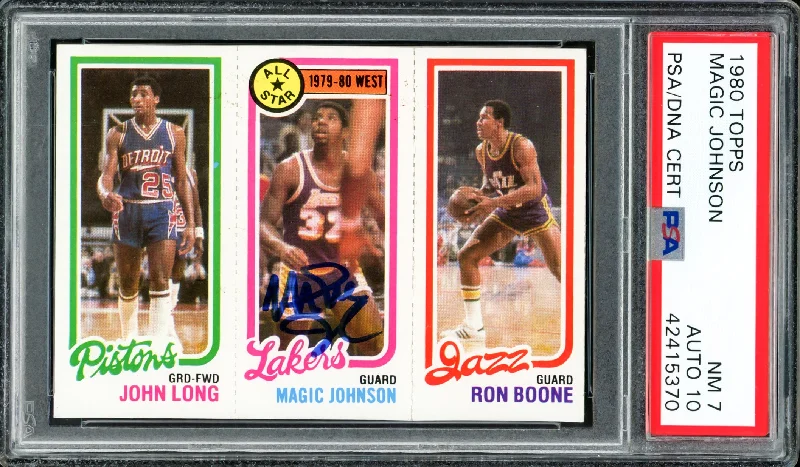 Basketball cards rookie-milestone -Magic Johnson Autographed 1980 Topps Rookie Card #18 Los Angeles Lakers PSA 7 Auto Grade Gem Mint 10 PSA/DNA #42415370