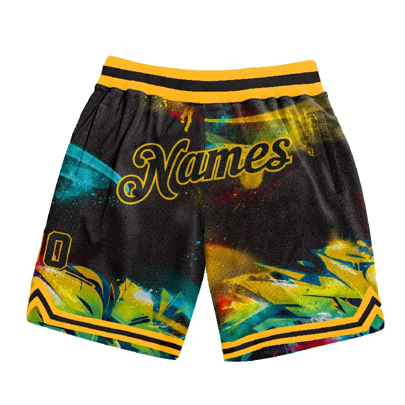 Men's basketball shorts pro ensemble -Custom Graffiti Pattern Black-Gold 3D Authentic Basketball Shorts