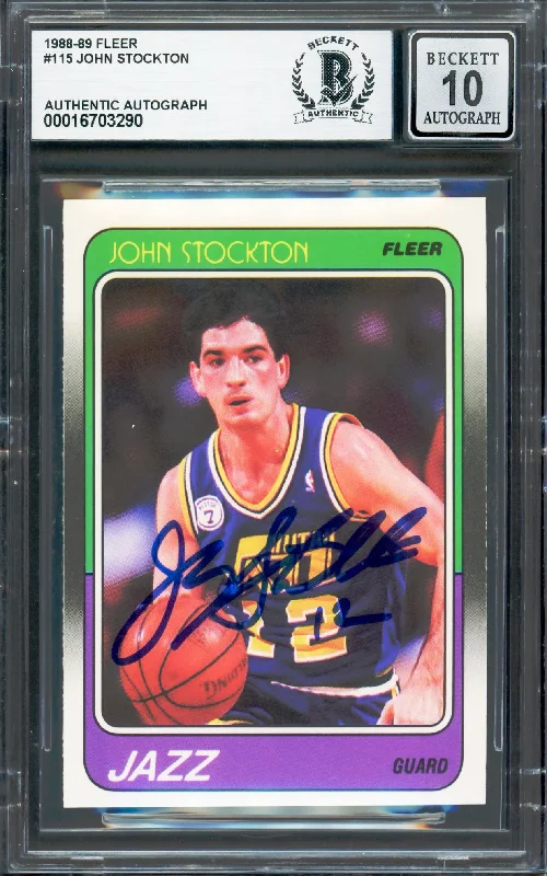 Basketball cards vintage-legacy -John Stockton Autographed 1988-89 Fleer Rookie Card #115 Utah Jazz Auto Grade Gem Mint 10 Beckett BAS #16703290