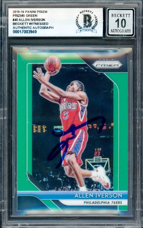 Basketball cards must-have-rarity -Allen Iverson Autographed 2018-19 Panini Prizm Prizms Green Card #45 Philadelphia 76ers Auto Grade Gem Mint 10 Beckett BAS Witness #17003949