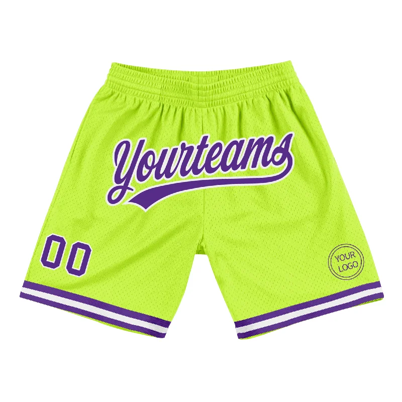 Men's basketball shorts quick-dry offer -Custom Neon Green Purple-White Authentic Throwback Basketball Shorts