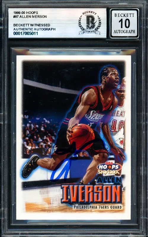 Basketball cards chase-edition -Allen Iverson Autographed 1999-00 Hoops Card #87 Philadelphia 76ers Auto Grade Gem Mint 10 Beckett BAS Witness #17005011