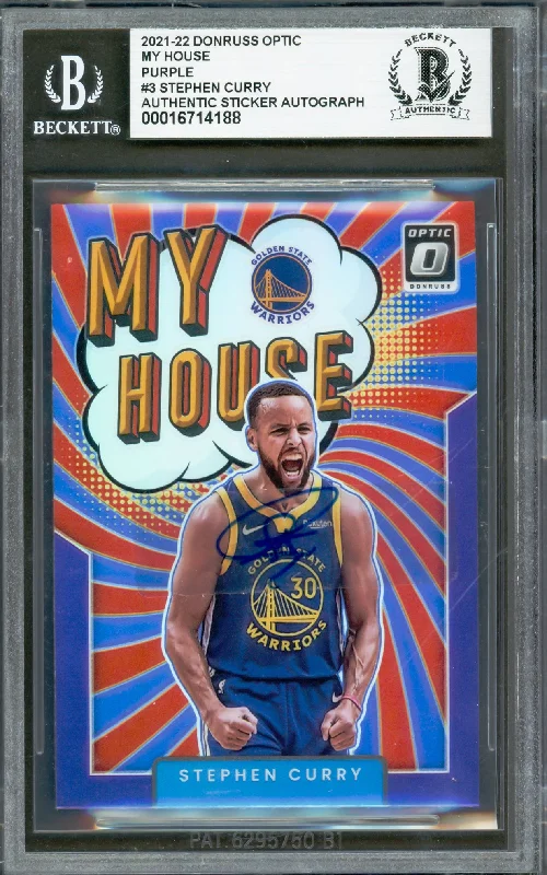 Basketball cards nostalgic-rarity -Stephen Curry Autographed 2021-22 Donruss Optic My House Purple Prizm Card #3 Golden State Warriors Beckett BAS #16714188