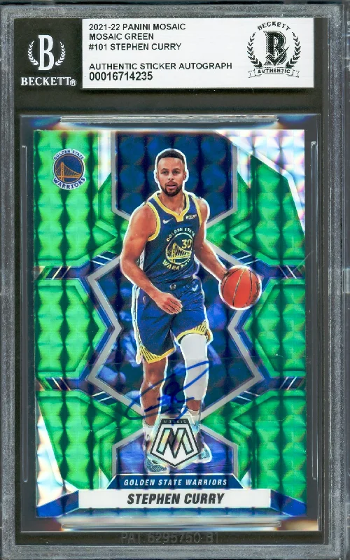 Basketball cards hot-pick-rarity -Stephen Curry Autographed 2021-22 Panini Mosaic Green Prizm Card #101 Golden State Warriors Beckett BAS #16714235