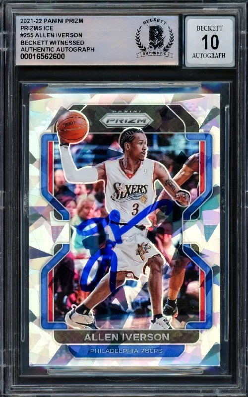 Basketball cards tribute-rarity -Allen Iverson Autographed 2021-22 Panini Prizm Prizms Ice Card #255 Philadelphia 76ers Auto Grade Gem Mint 10 Beckett BAS Witnessed