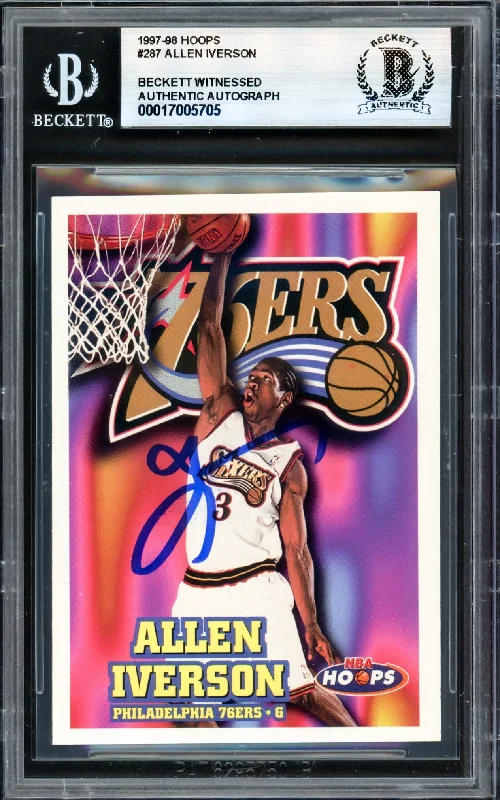 Basketball cards value-rare -Allen Iverson Autographed 1997-98 Hoops Card #287 Philadelphia 76ers Beckett BAS Witness #17005705