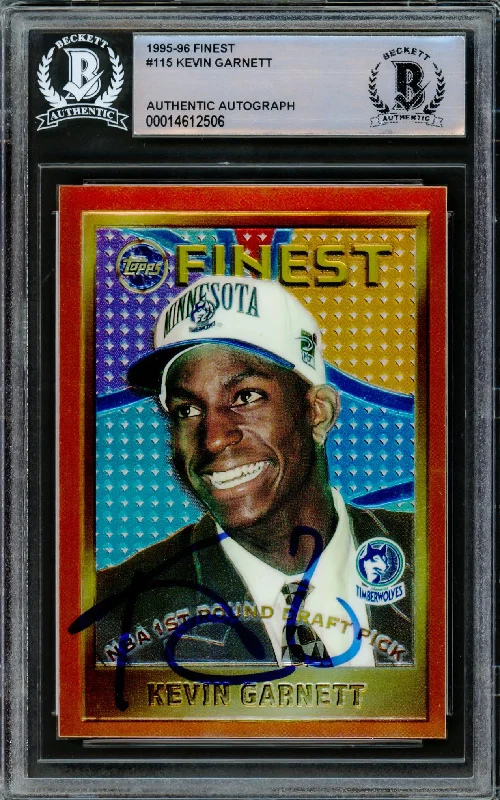 Basketball cards trading-rare -Kevin Garnett Autographed 1995-96 Topps Finest Rookie Card #115 Minnesota Timberwolves Beckett BAS Stock #220333