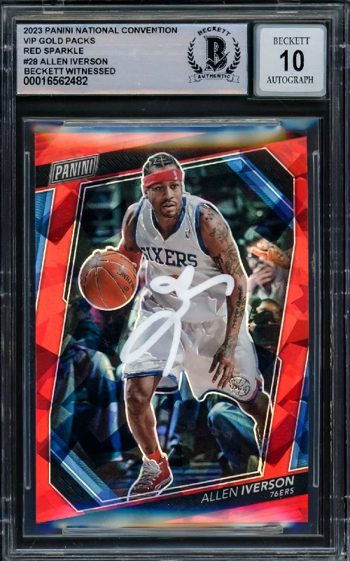 Basketball cards graded-high -Allen Iverson Autographed 2023 Panini National Convention VIP Gold Packs Red Sparkle Card #28 Philadelphia 76ers Auto Grade Gem Mint 10 Beckett BAS Witnessed #16562482