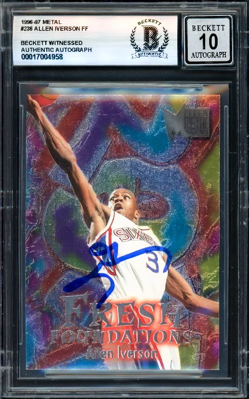 Basketball cards fan-vote-rarity -Allen Iverson Autographed 1996-97 Fleer Metal FF Rookie Card #236 Philadelphia 76ers Auto Grade Gem Mint 10 Beckett BAS Witness #17004958