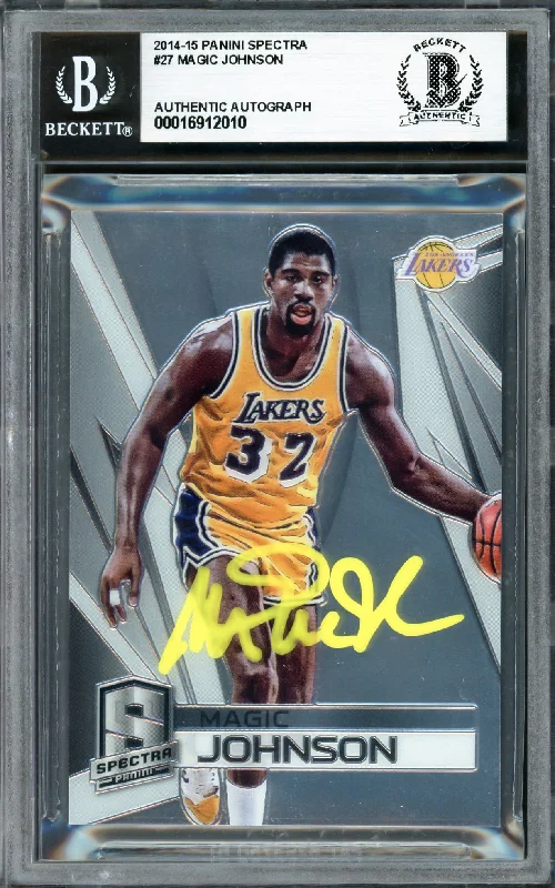 Basketball cards iconic-moment-rarity -Magic Johnson Autographed 2014-15 Panini Spectra Card #27 Los Angeles Lakers #49/75 Beckett BAS #16912010