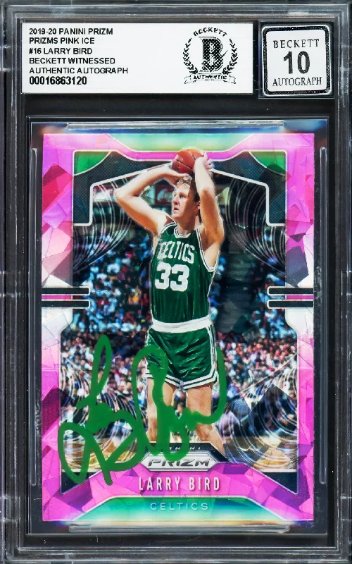 Basketball cards active-rarity -Larry Bird Autographed 2019-20 Panini Prizm Prizms Pink Ice Card #16 Card Boston Celtics Auto Grade Gem Mint 10 Beckett BAS Witness