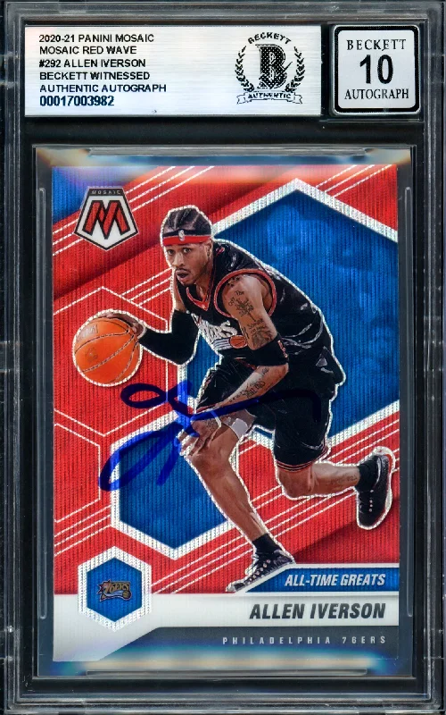 Basketball cards trade-classic -Allen Iverson Autographed 2020-21 Panini Mosaic Red Wave Card #292 Philadelphia 76ers Auto Grade Gem Mint 10 Beckett BAS Witness #17003982