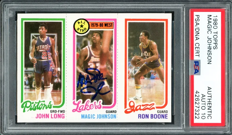 Basketball cards youth-rarity -Magic Johnson Autographed 1980 Topps Rookie Card #18 Los Angeles Lakers Auto Grade Gem Mint 10 PSA/DNA #42627322