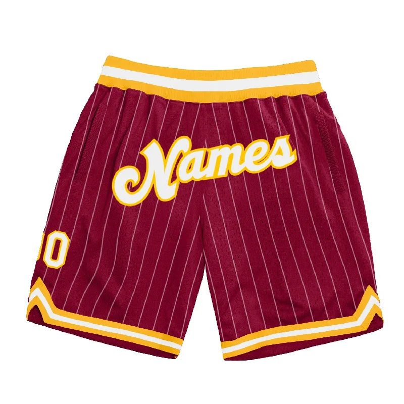 Men's basketball shorts durable material -Custom Maroon White Pinstripe White-Gold Authentic Basketball Shorts