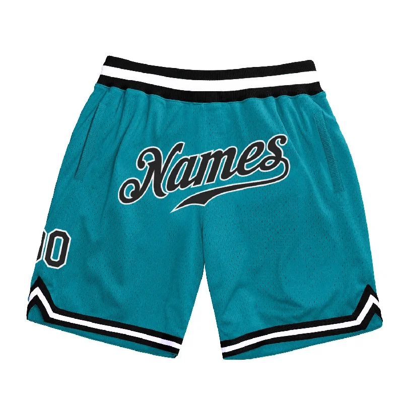 Men's basketball shorts team offer -Custom Teal Black-White Authentic Throwback Basketball Shorts