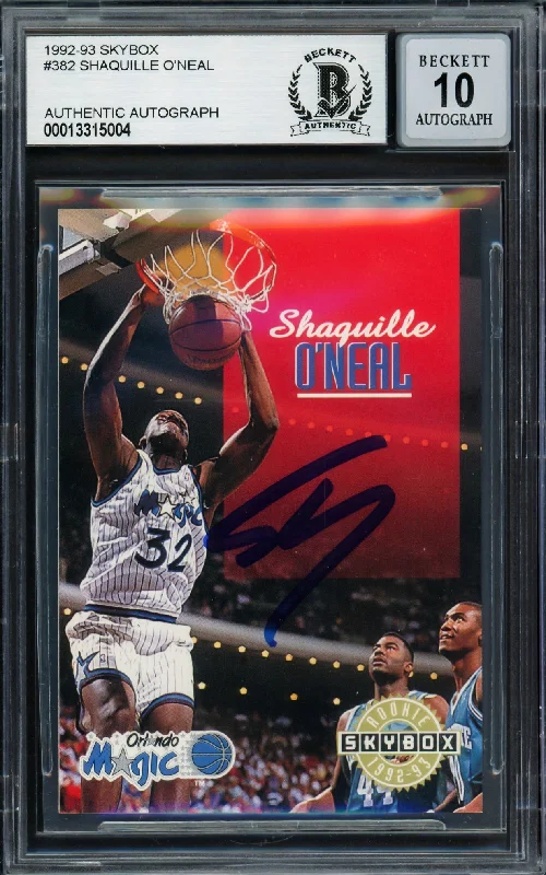 Basketball cards prism-rare -Shaquille Shaq O'Neal Autographed 1992-93 Skybox Rookie Card #382 Orlando Magic Auto Grade Gem Mint 10 Beckett BAS Stock #220147