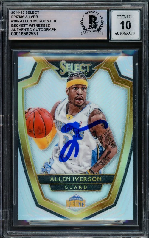 Basketball cards thick-rarity -Allen Iverson Autographed 2014-15 Select Prizms Silver Card #165 Denver Nuggets Auto Grade Gem Mint 10 Beckett BAS Witnessed