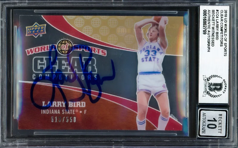 Basketball cards authentic-rarity -Larry Bird Autographed 2010 Upper Deck World of Sports Clear Competitors Card #CC4 Boston Celtics Auto Grade Gem Mint 10 #513/550 Beckett BAS Witness #16862769