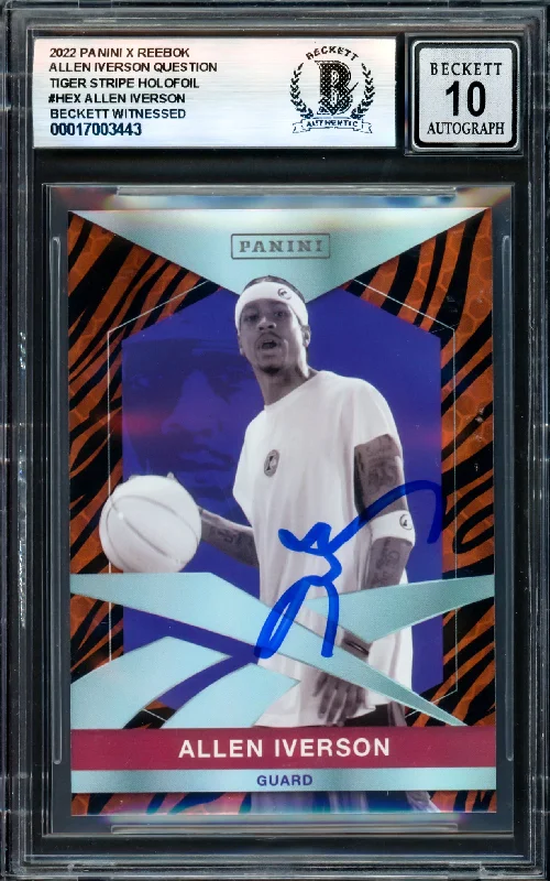 Basketball cards resealed-rarity -Allen Iverson Autographed 2022 Panini X Reebok Tiger Stripe Holofoil Card #HEX Philadelphia 76ers Auto Grade Gem Mint 10 Beckett BAS Witness #17003443