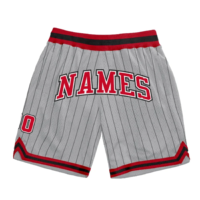 Men's basketball shorts team kit -Custom Gray Black Pinstripe Red-White Authentic Basketball Shorts