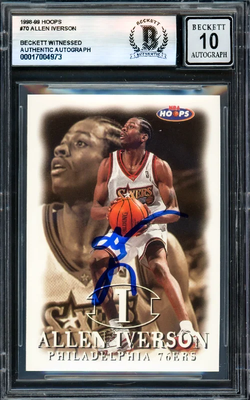 Basketball cards youth-rarity -Allen Iverson Autographed 1998-99 Hoops Card #70 Philadelphia 76ers Auto Grade Gem Mint 10 Beckett BAS Witness #17004973