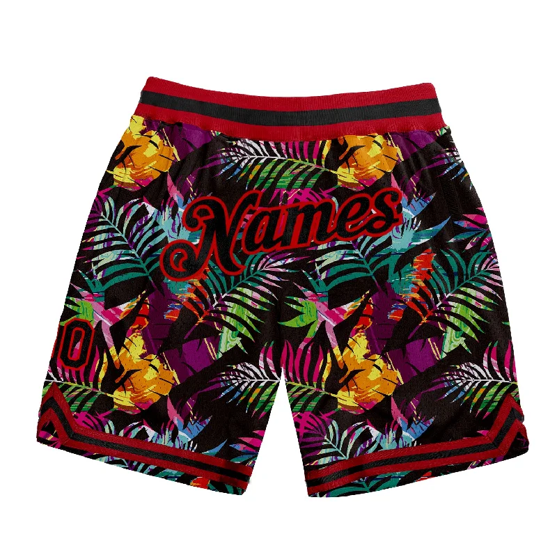 Men's basketball shorts team patches -Custom Black Black-Red 3D Pattern Design Tropical Palm Leaves Authentic Basketball Shorts