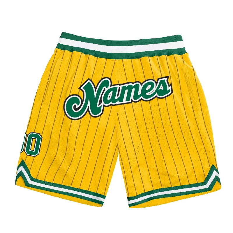 Men's basketball shorts playoff gear -Custom Gold Black Pinstripe Kelly Green-White Authentic Basketball Shorts