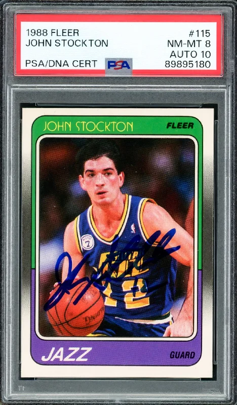 Basketball cards rookie-milestone -John Stockton Autographed 1988-89 Fleer Rookie Card #115 Utah Jazz PSA 8 Auto Grade Gem Mint 10 PSA/DNA #89895180